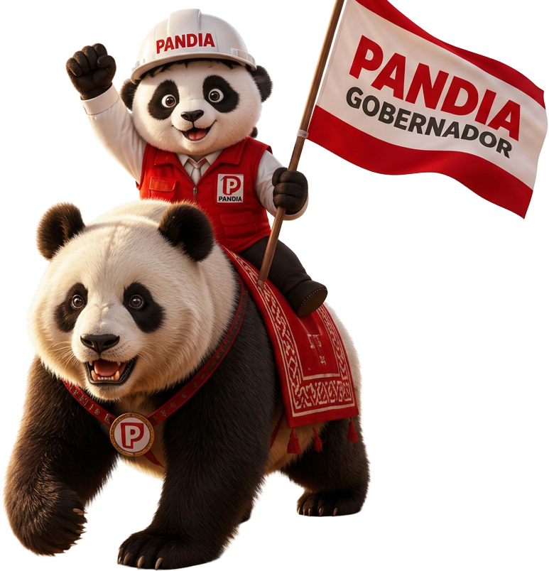 Pandia, Gobernador Regional de Puno, montado sobre un gran oso panda con la bandera de campaña