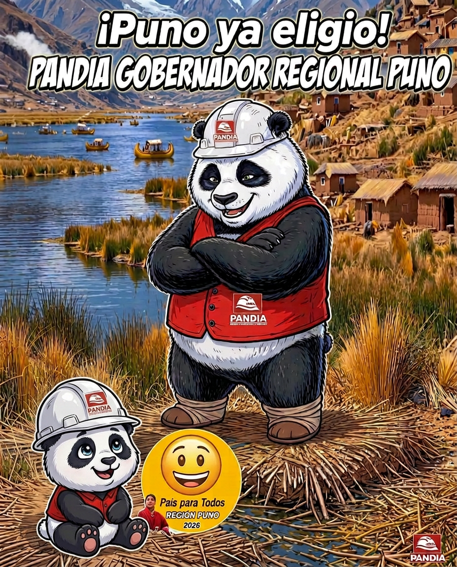 El pandita bebé mira feliz a Pandia, candidato a Gobernador Regional de Puno 2026