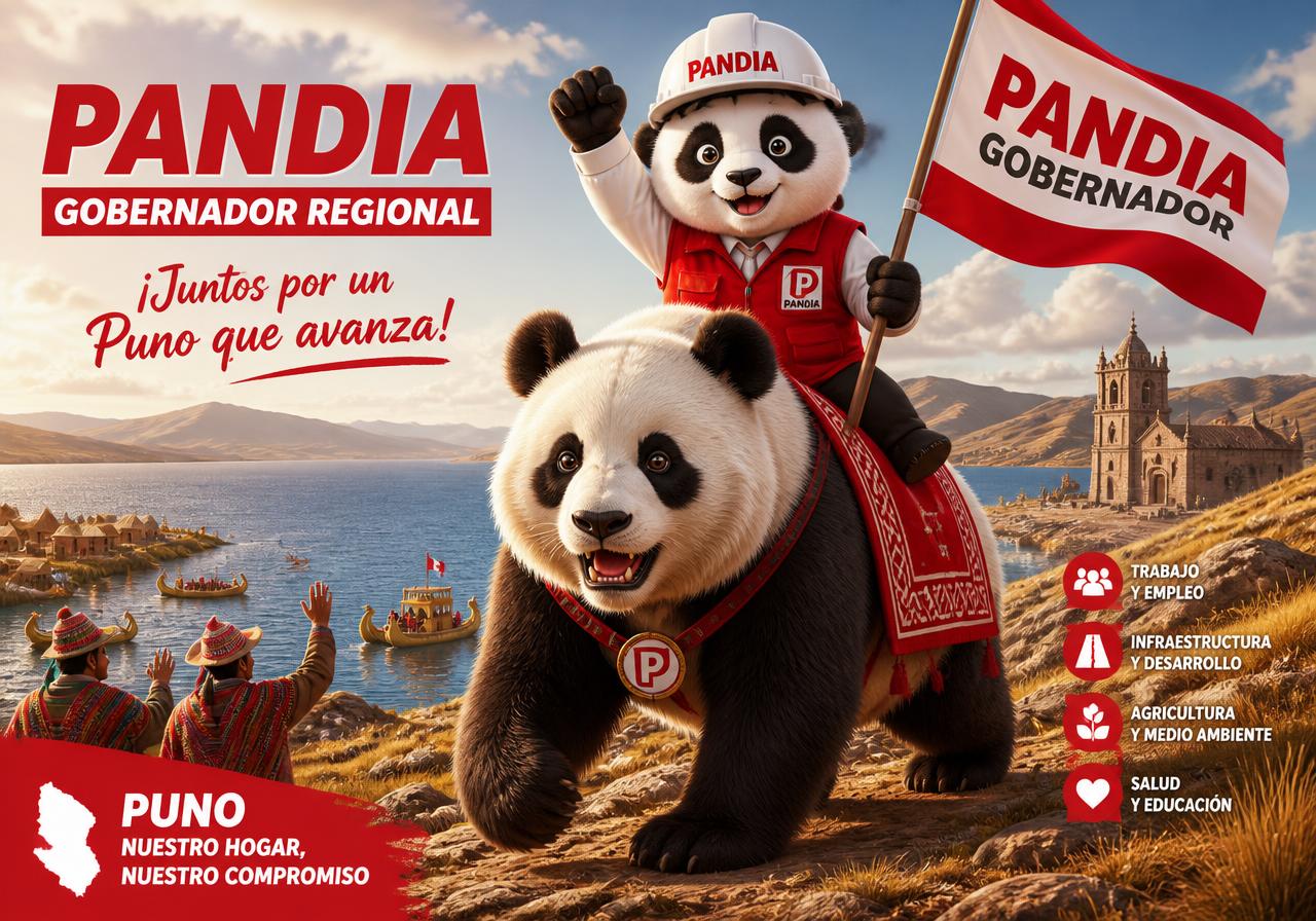 Pandia, Gobernador Regional de Puno, montado sobre un gran oso panda frente al lago Titicaca